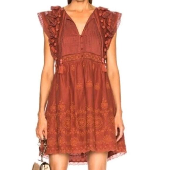 Sea New York NY Sophie‎ Lace Copper Tunic Pom Pom Ruffle Embroidered Dress Sz 2 - Picture 1 of 13